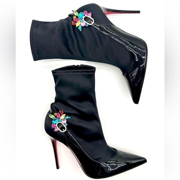 Christian Louboutin Jessie Booty Joli 100 Black Patent Satin Ankle EU 37.5 - Picture 6 of 14